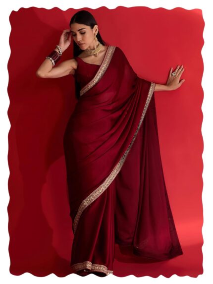 AKHILAM Women’s Satin Solid Saree With Unstitched Blouse by VintaVool