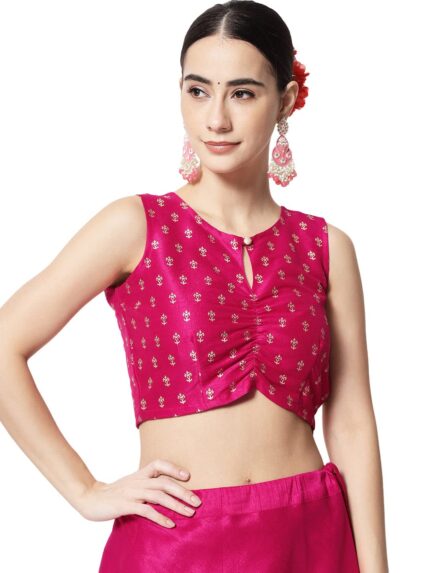 studio rasa Women’s Silk Blend Block Printed Crop Top for Wedding Festive Party by VintaVool