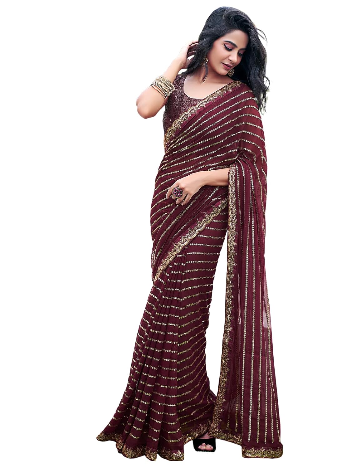 Satrani Women’s Georgette Sequence Work Saree with Unstitched Blouse Piece by VintaVool Satrani Women’s Georgette Sequence Work Saree with Unstitched Blouse Piece by VintaVool