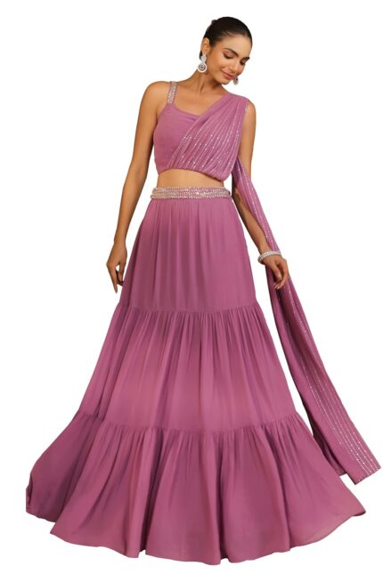 Janasya Women’s Lavender Georgette Embellished Tiered Ready To Wear Lehenga Choli Set by VintaVool