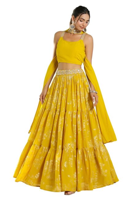 Janasya Women’s Yellow Georgette Embellished Foil Printed Tiered Ready To Wear Lehenga Choli Set by VintaVool