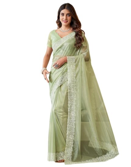 SIRIL Women’s Embroidery Work Organza Saree with Unstitched Blouse Piece by VintaVool