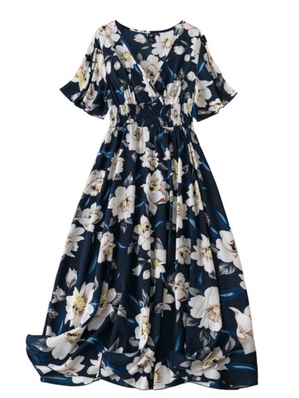 Shasmi Women’s & Girl’s Navy Blue Dress for Women Midi, One Piece Dress for Women’s Casual Dress, Solid Textured Lantern Sleeve Tie Front V Neck Midi Dress (Dress 123) by VintaVool