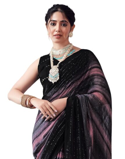 SIRIL Women’s Georgette Printed Zari Stripe Saree With Unstitched Blouse Piece by VintaVool