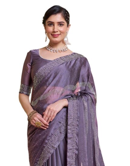 SIRIL Women’s Chiffon Hot Fixing Stone Work Saree With Unstitched Blouse Piece by VintaVool