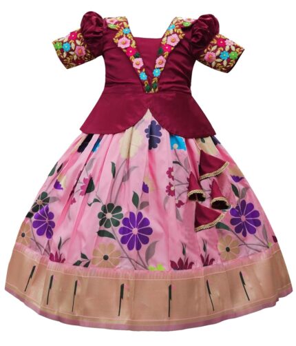 White Button Satin New South Indian Traditional Collar Digital Pattu Pavadai Readymade Lehenga Choli For Girl’s Dress by VintaVool