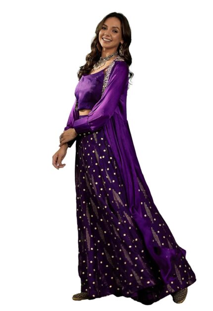 LYMI LABEL Fusion Set For Women’s – Purple Chiffon Top With Printed Lehenga And Zari Sequence Embroidered Shrug For Women, Traditional, Ethinc, Wedding, Fusion Wear by VintaVool