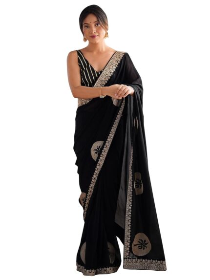 AKHILAM Women’s Black Vichitra Silk Embroidered Saree With Unstitched Blouse Piece (RADHA9001_RX) by VintaVool