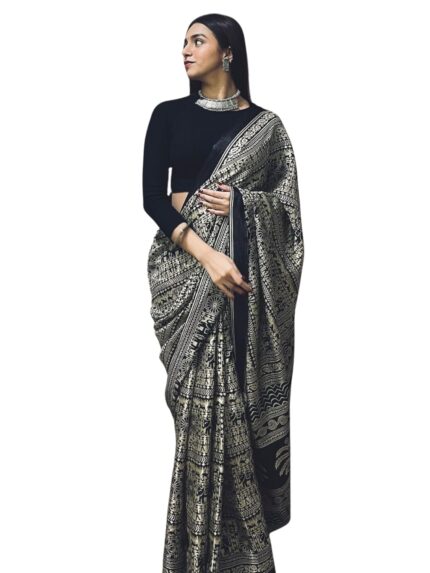 EthnicJunction Women’s Art Silk Kalamkari Print Saree With Blouse Piece,black by VintaVool
