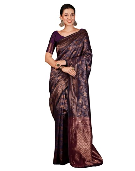 SIRIL Women’s Banarasi Jacquard Soft Silk Kanjeevaram Saree with Unstitched Blouse Piece by VintaVool
