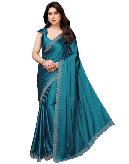 Yashika Women’s Hot Fix Work and Solid Color Satin Moss Saree With Unstitched Blouse Material by VintaVool