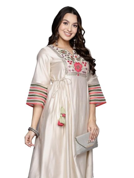INDO ERA Women’s Embroidered Rayon Viscose A-Line Kurta with Pant Set/Co-Ord set by VintaVool