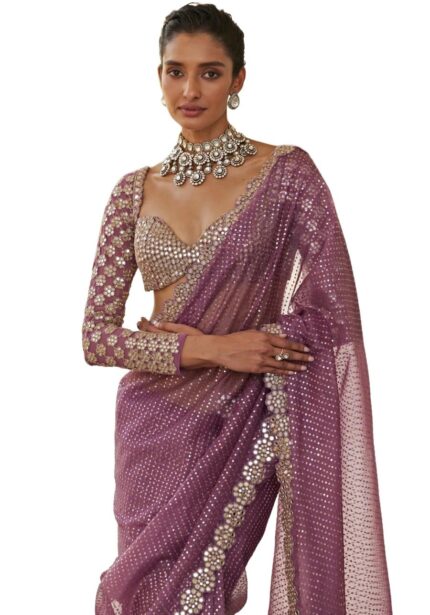 SIRIL Women’s Georgette Sequence Embrodery Scollped Border Saree With Unstitched Blouse Piece by VintaVool