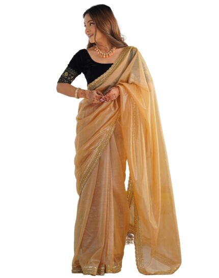 SIRIL Women’s Shimmer Net Sequence Embroidery Border Saree With Unstitched Blouse Piece by VintaVool
