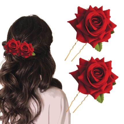 TEMPERIA (2pcs) Hair Accessories For Women & Girls – Stylish Red Rose Artificial Flowers Bun Juda U Pins & Clips for Style & Decoration – Bridal Brooch & Braid for Hairstyle of Bride, Wedding & Party by VintaVool