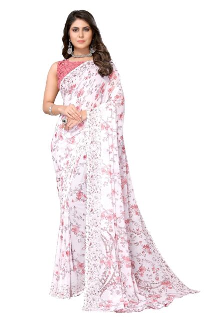 Yashika Women’s Trendy Printed Georgette Red Color Saree with Blouse Material by VintaVool