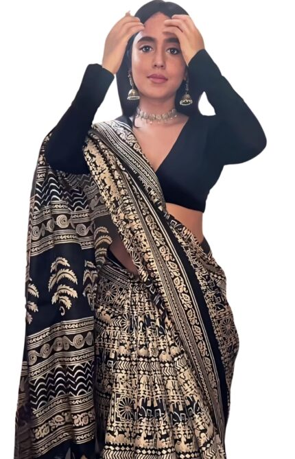 EthnicJunction Women’s Silk Cotton Kalamkari Print Saree With Blouse Piece by VintaVool