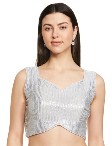 Vihu Fashion Women’s Multicolor Sweetheart Neck Georgette Line Soft Sequence Zari Work Sleeves Readymade Saree Blouse by VintaVool