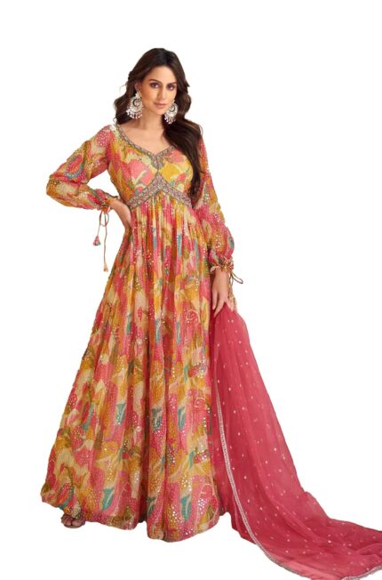 Miss Ethnik Women’s Pink TP Silk Stitched Top with Dupatta Full Sleeve Embroidered Anarkali Gown (ME-1189) by VintaVool