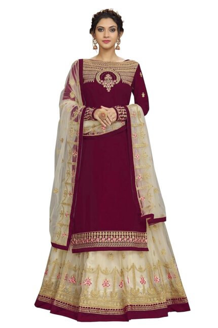 TRENDMALLS Women’s Georgette Net Embroidery Salwar Suit Set Kurta Lehenga with Dupatta Maroon by VintaVool