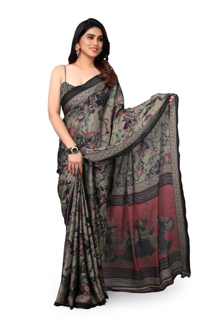 MIRCHI FASHION Women’s Plain Weave Chiffon Ethnic Motif Printed Saree with Blouse Piece by VintaVool