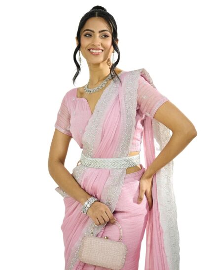 SIRIL Women’s Shimmer Chiffon Embroidery Stone Work Saree With Unstitched Blouse Piece by VintaVool