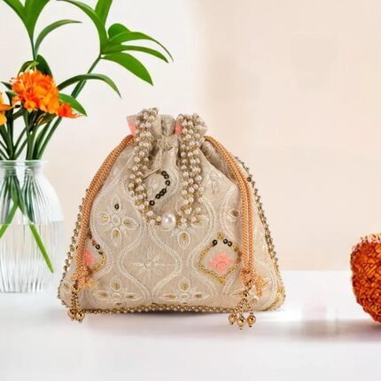Kuber Industries Embroidery Potli Bags for Women with Pearl Handle & Drawstring | Indian Ethnic Potli Bags for Ladies for Wedding | Wrist Handbag Purse Batwa | Lakhnavi Print – Cream by VintaVool