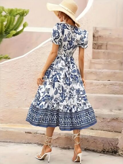 Floral Summer Dress, Puff Sleeve V-Neck, Blue and White Porcelain Print, Midi Length by VintaVool