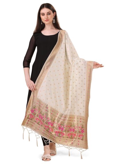 DEVANGI Women’s Woven Paithani Banarasi Silk Dupatta/Chunni For Women, Animal Print 1 Meter Wide and 2.3 Meter Length Printed Designer Dupatta/Chunni For Girls by VintaVool