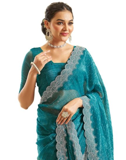 SIRIL Women’s Shimmer Chiffon Stone Work Saree With Unstitched Blouse Piece by VintaVool