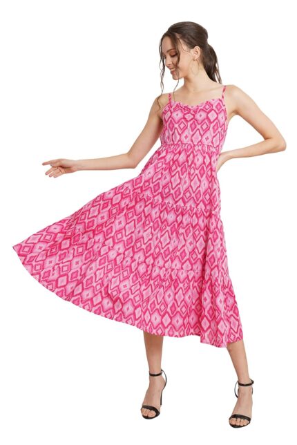 COTLAND Fashions Breathable Cotton Printed A-Line Midi Dress for Women by VintaVool