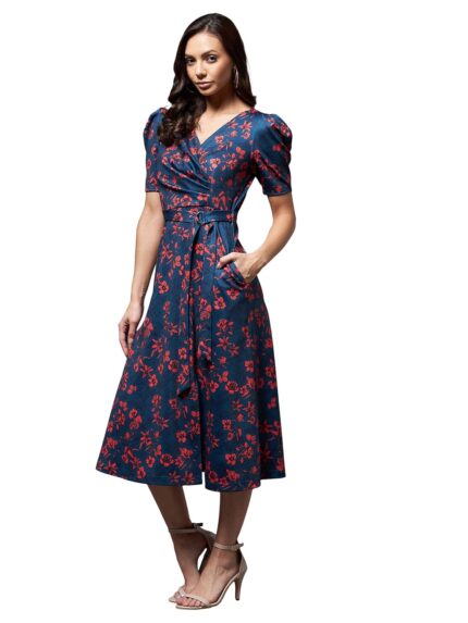 Miss Chase Women’s Multicolored-Base-Blue V-Neck Pleated Puff Sleeve Floral Wrap Midi Polyester Dress by VintaVool