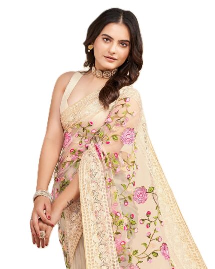 VAIRAGEE Women’s Beautiful Soft Net Embroidery Saree With Unstitched Blouse 6079 by VintaVool