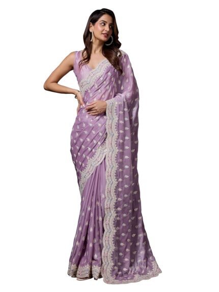 TRENDMALLS Women Satin Silk Embroidery Work Saree with Blouse Piece (K1101-Purple,) by VintaVool