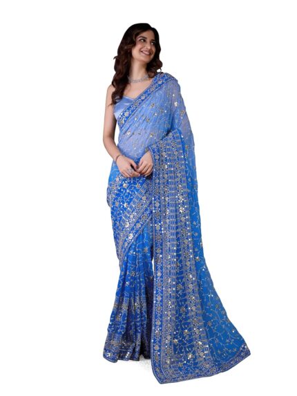 TRENDMALLS Women’s Georgette Sequin Embroidery work Saree with Unstitch Blouse Piece (K963-Skyblue) by VintaVool