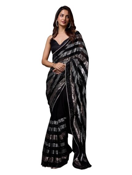 TRENDMALLS Women’s Silk Sequins Work Saree with Blouse Piece (K1111-Black-Wedding-Party) by VintaVool