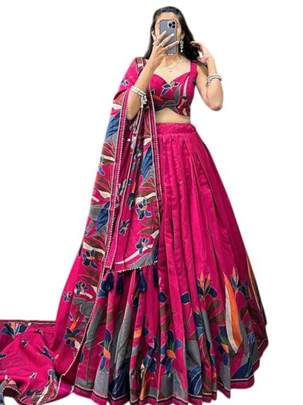 Snazzy Stitch Women’s Collection Dolla Silk Lehenga Choli Print with Foil Work With Unstitched Blouse by VintaVool