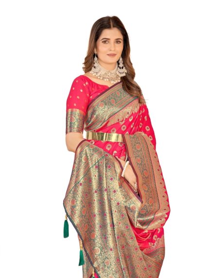 Mehrang Cotton Banarasi Silk Saree for Women With Unstitched Blouse Piece by VintaVool