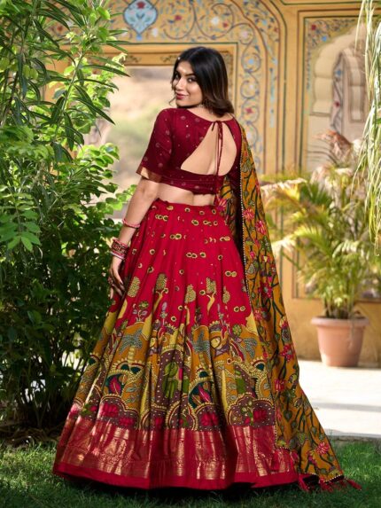 Women’s Floral And Patola Print With Foil Work Tussar Silk Lehenga Choli Set by VintaVool
