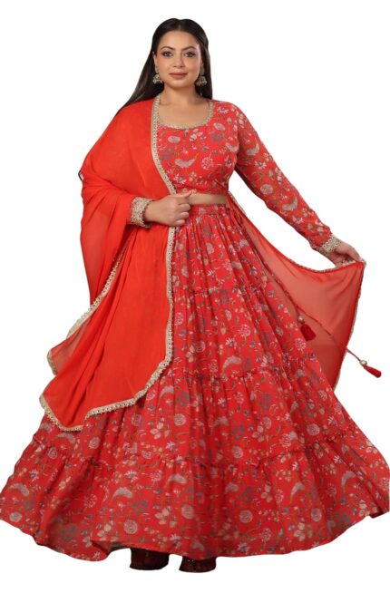 Janasya Women’s Plus Size Red Georgette Floral Printed Tiered Lehenga Choli Set by VintaVool