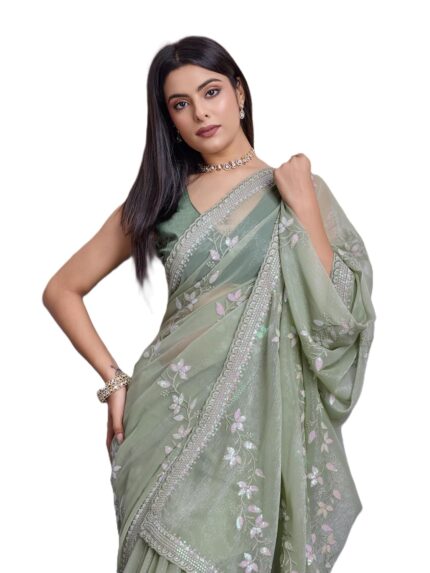 Ekasya Women Simmer Chiffon Blue Floral Pattern Embroidery Work Saree with Unstitched Blouse – Elegant Design, Intricate Floral Embroidery, Lightweight, Perfect for Weddings, Parties by VintaVool