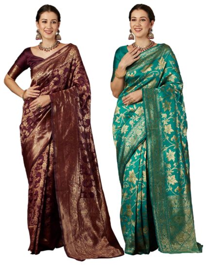 SIRIL Women’s Banarasi Silk Jacquard Saree With Unstitched Blouse Piece Combo Pack Of 2 by VintaVool
