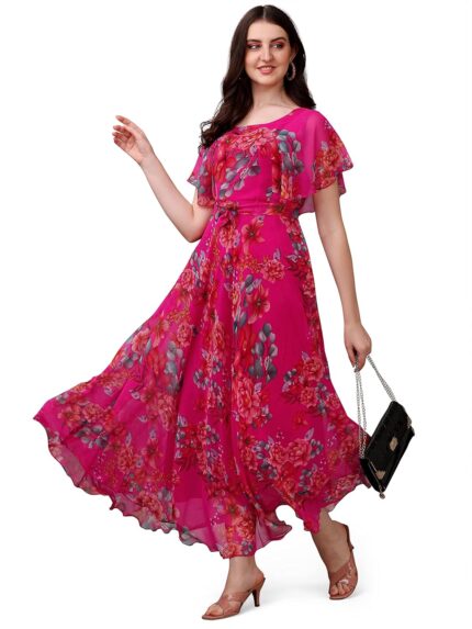 Fashion2wear Women’s Georgette Floral Digital Print Short Sleeve Full-Length Fit & Flare Long Gown Dress for Girls (ET-CYWN-E1LE) by VintaVool