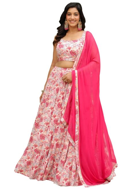 Janasya Women’s Cream & Pink Pure Cotton Floral Printed Tiered Ready to Wear Lehenga Choli Set by VintaVool