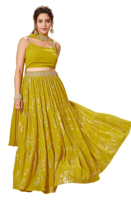 Janasya Women’s Yellow Georgette Embellished Foil Printed Tiered Ready To Wear Lehenga Choli Set by VintaVool