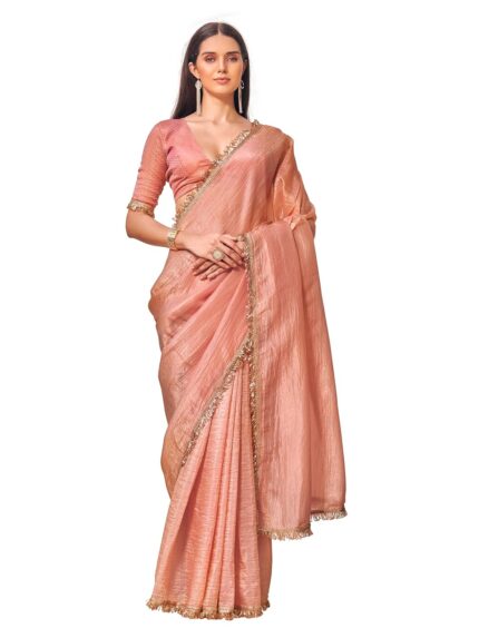 Womanista Women’s Plain Organza Solid Embellished Lace Saree with Un-Stitched Blouse by VintaVool
