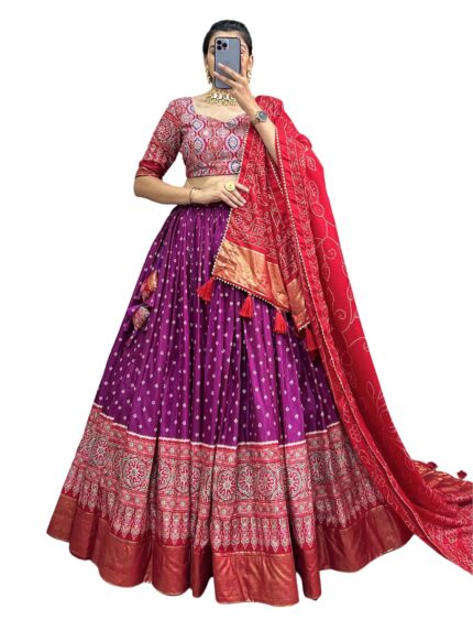Women’s Floral & Patola Print With Foil Work Tussar Silk Ethnic wear Tassels and Zip Closuer Readymade Lehenga Choli With Dupatta (TAPKU) by VintaVool