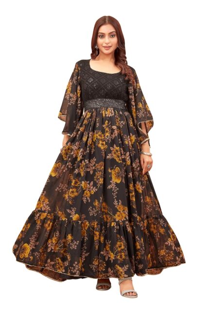 ODD BY chansi TRENDZ Women’s Black Georgette Floral Printed Embroidered Flared Gown Round Neck Maxi Length Gown by VintaVool