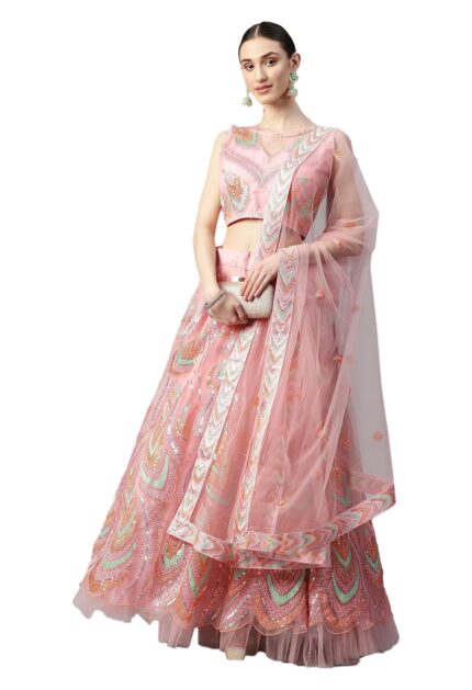 Divine Exim Women’s Net Embroidered Semi-Stitched Lehenga Choli with Dupatta (MorPankhLehenga-Navratri-Girlish-Latest-Lehenga; Free Size) by VintaVool