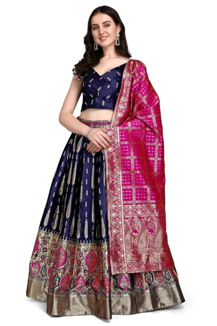 PURVAJA Women’s Faux Silk Jacquard Semi-Stitched Embroidered Fabric Lehenga Choli by VintaVool